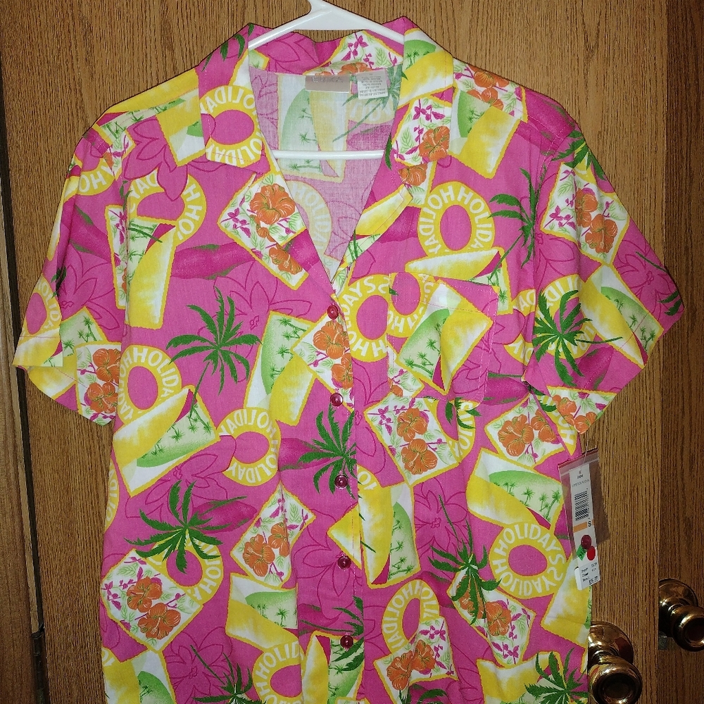 Vintage ERIKA S Hot Pink Hawaiian 90's Camp Shirt Button Vents Pocket